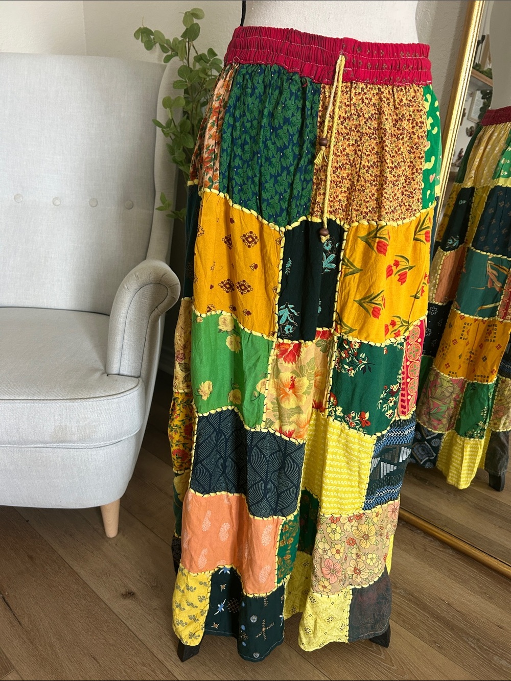 Mexican Bohemian Patchwork Maxi Skirt in Multicolor, one Size, fits Large Size.